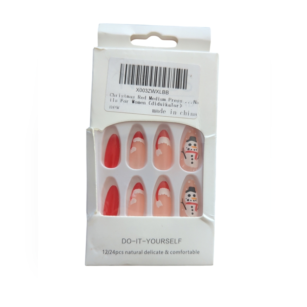 Christmas Red Medium Press On Nails Christmas Hat And Snowman Design New.